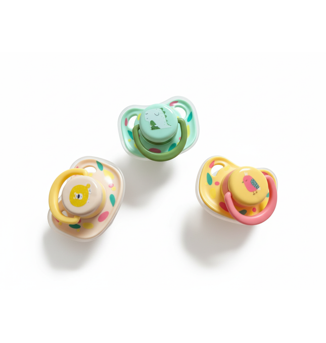 Close-up view of animal-printed baby pacifier showing soft silicone material