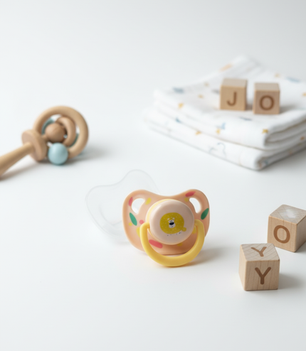 Beige BPA-free pacifier with animal prints, safe for infant use.