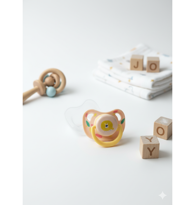 Beige BPA-free pacifier with animal prints, safe for infant use.