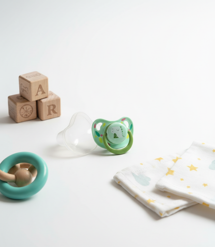 Green silicone pacifier featuring adorable animal prints and orthodontic design.