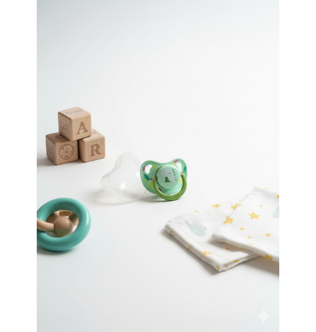 Green silicone pacifier featuring adorable animal prints and orthodontic design.