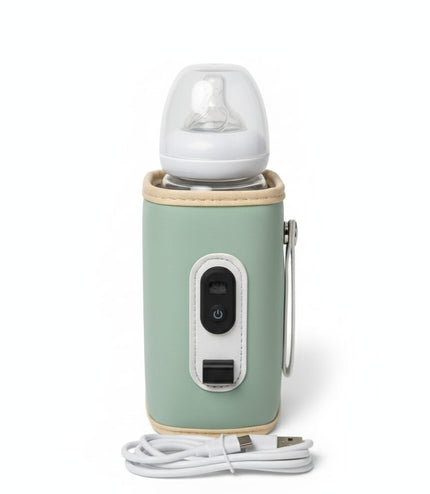 Green portable baby bottle warmer with USB cable for travel feeding