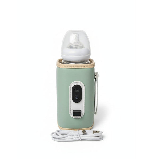 Green portable baby bottle warmer with USB cable for travel feeding
