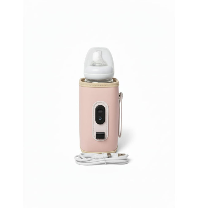 Pink USB-powered baby bottle warmer showing compact portable design